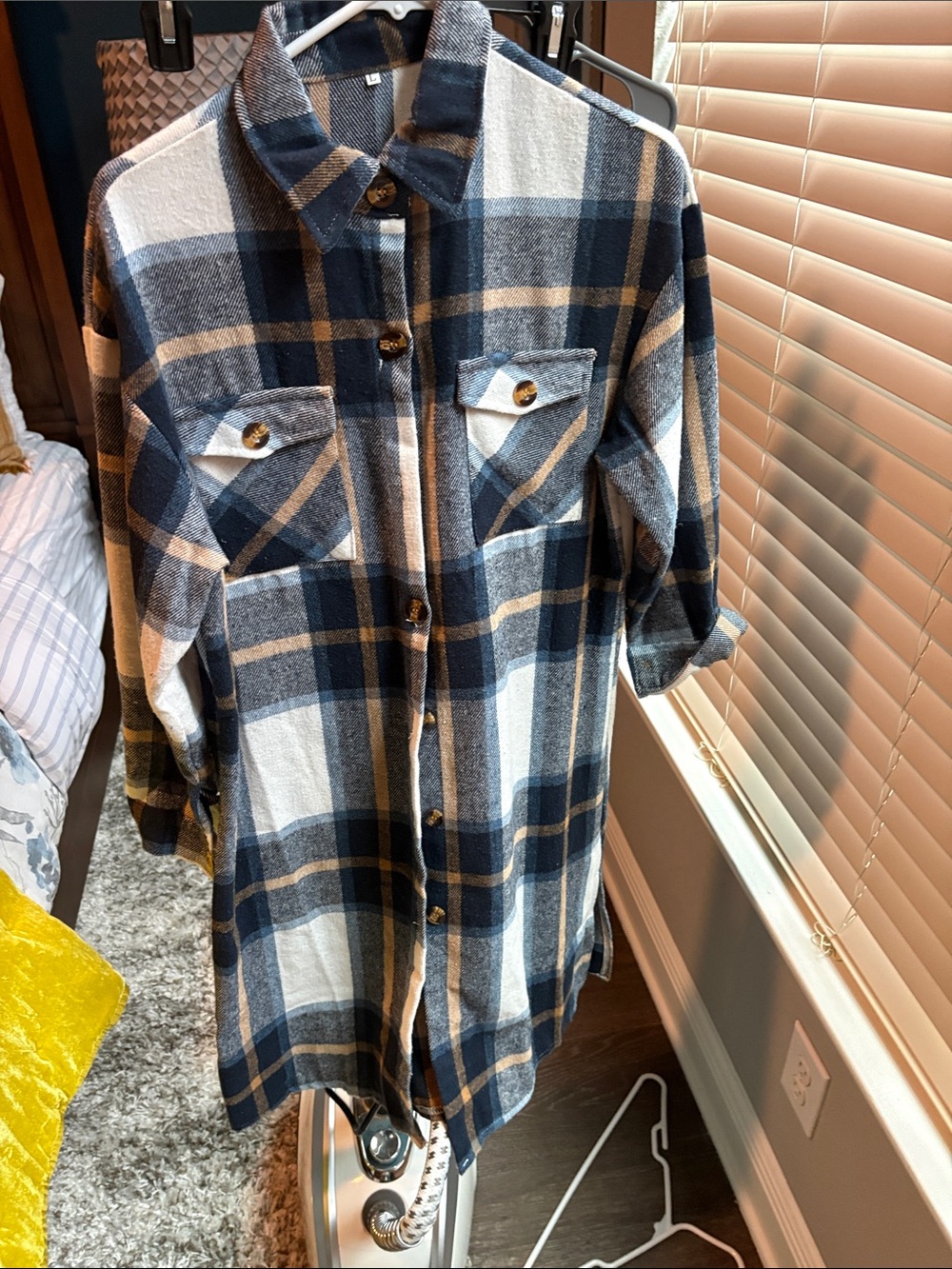 Women's Navy and Cream Plaid Button-Up Dressed